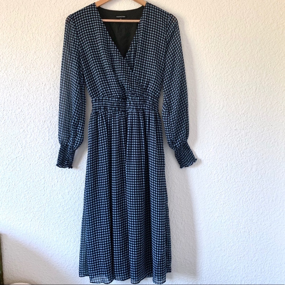 Blue Floral Long Sheer Sleeve V Neck Dress